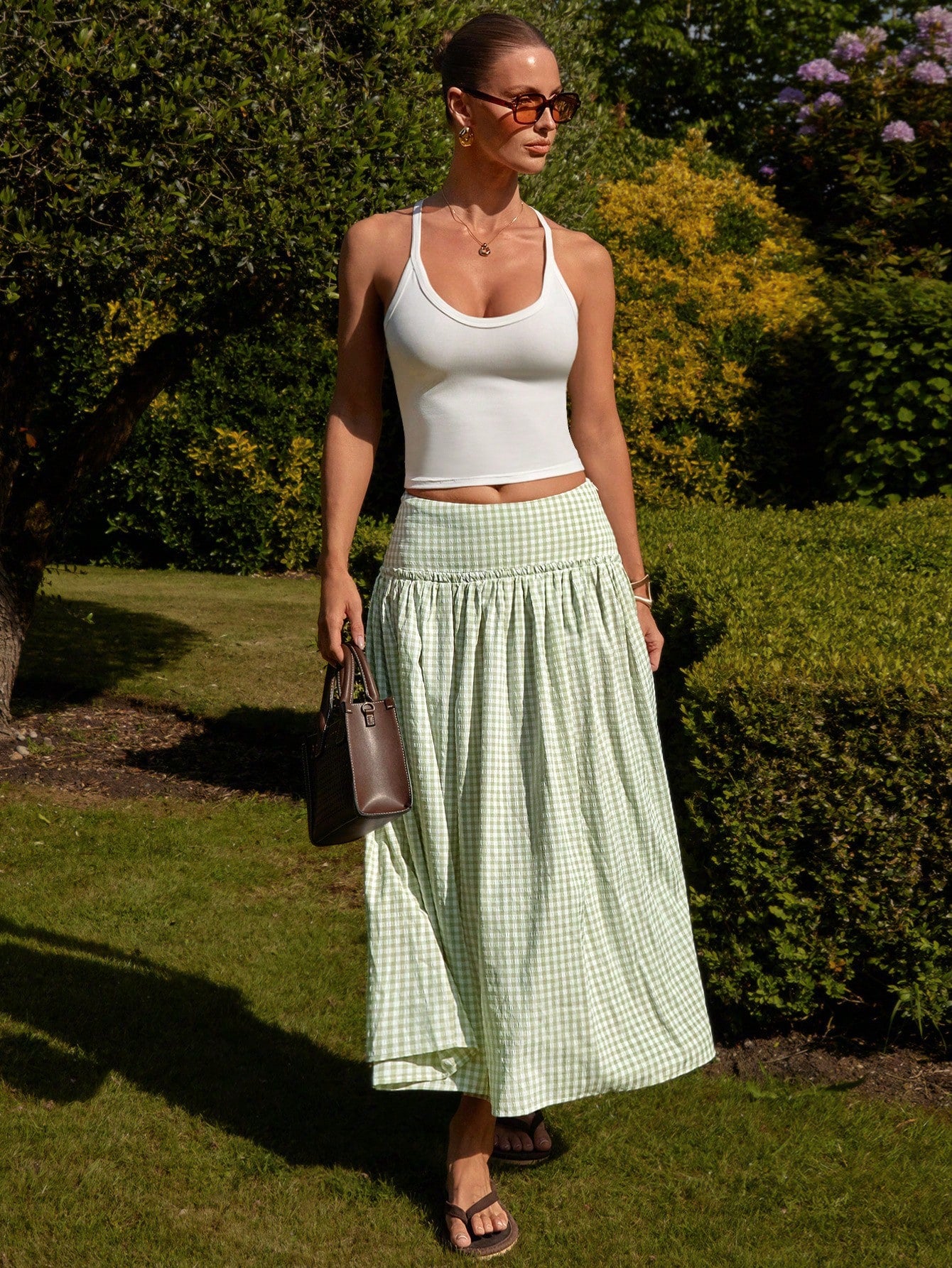 Sage Plaid Midi Skirt