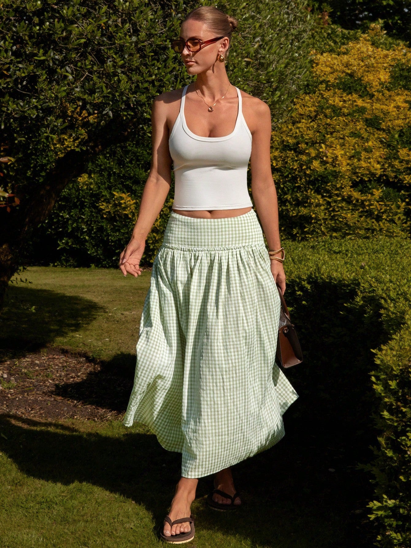 Sage Plaid Midi Skirt
