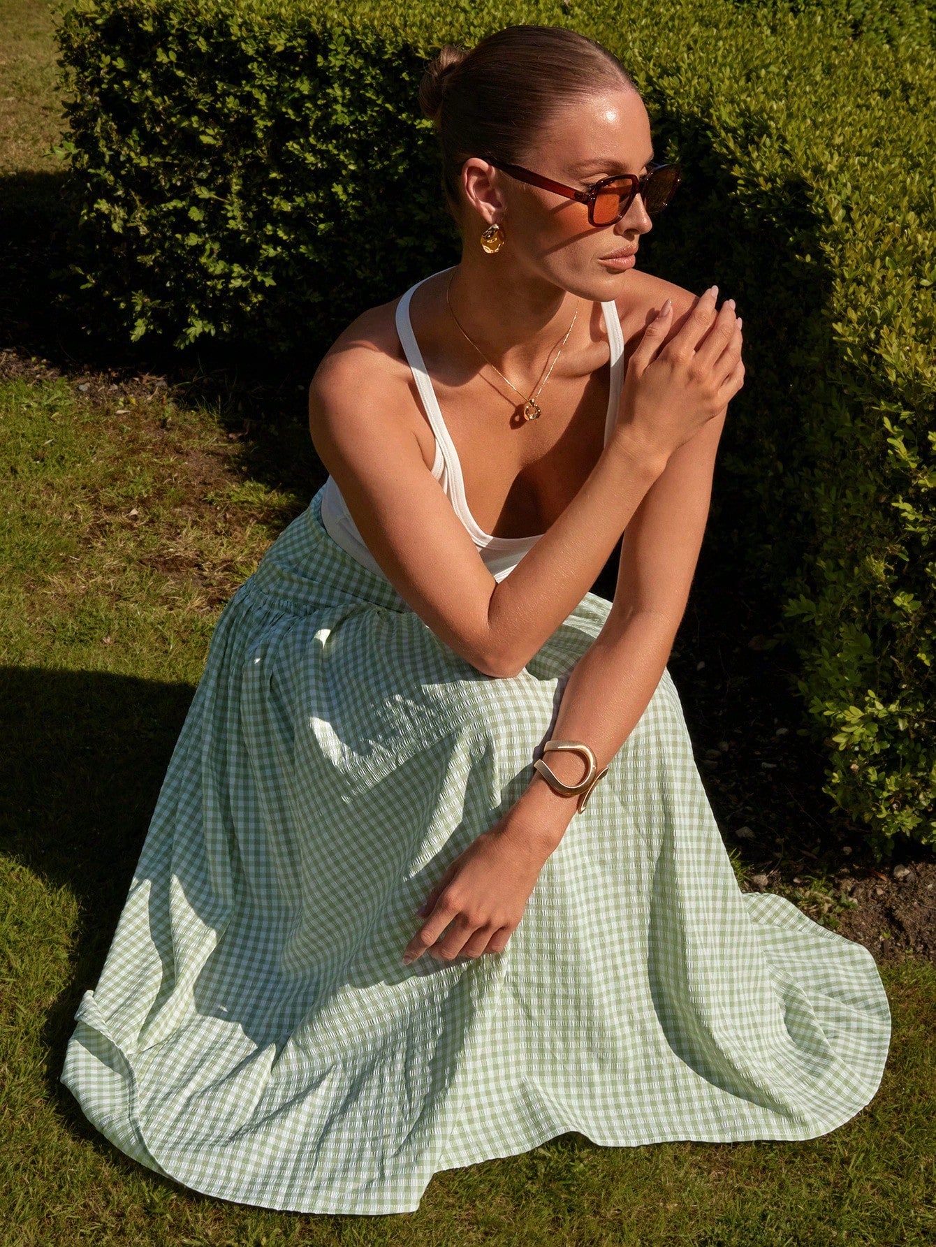 Sage Plaid Midi Skirt