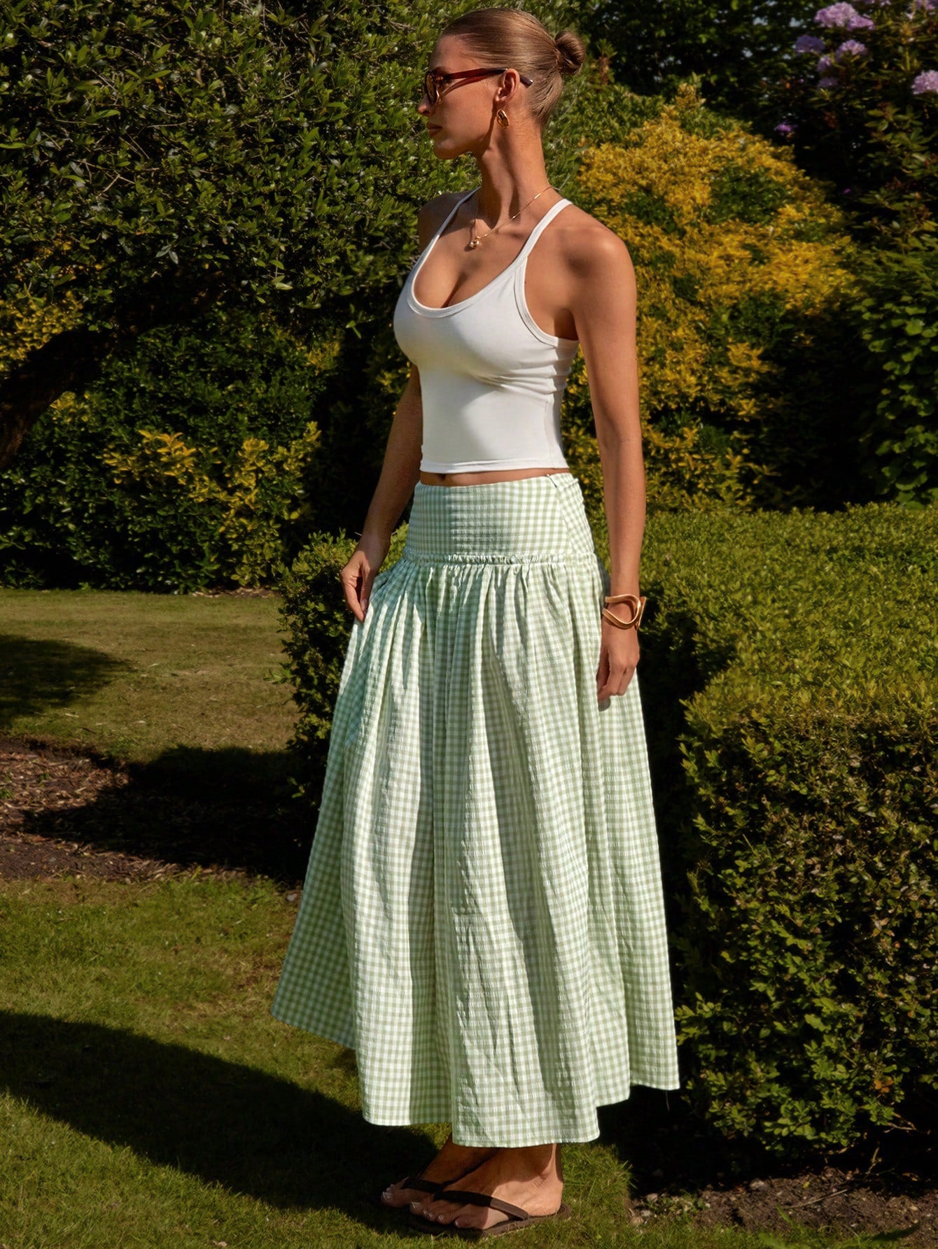 Sage Plaid Midi Skirt