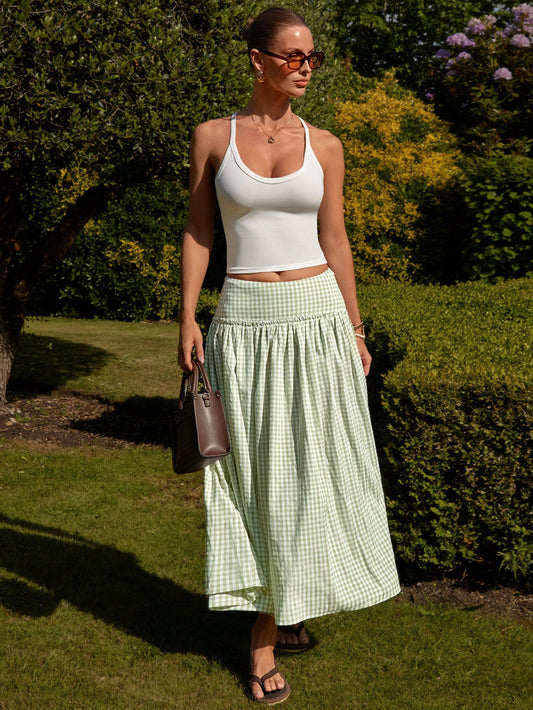 Sage Plaid Midi Skirt