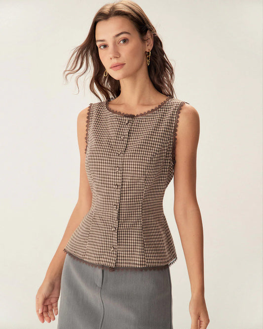 Brown Plaid Gingham Vest